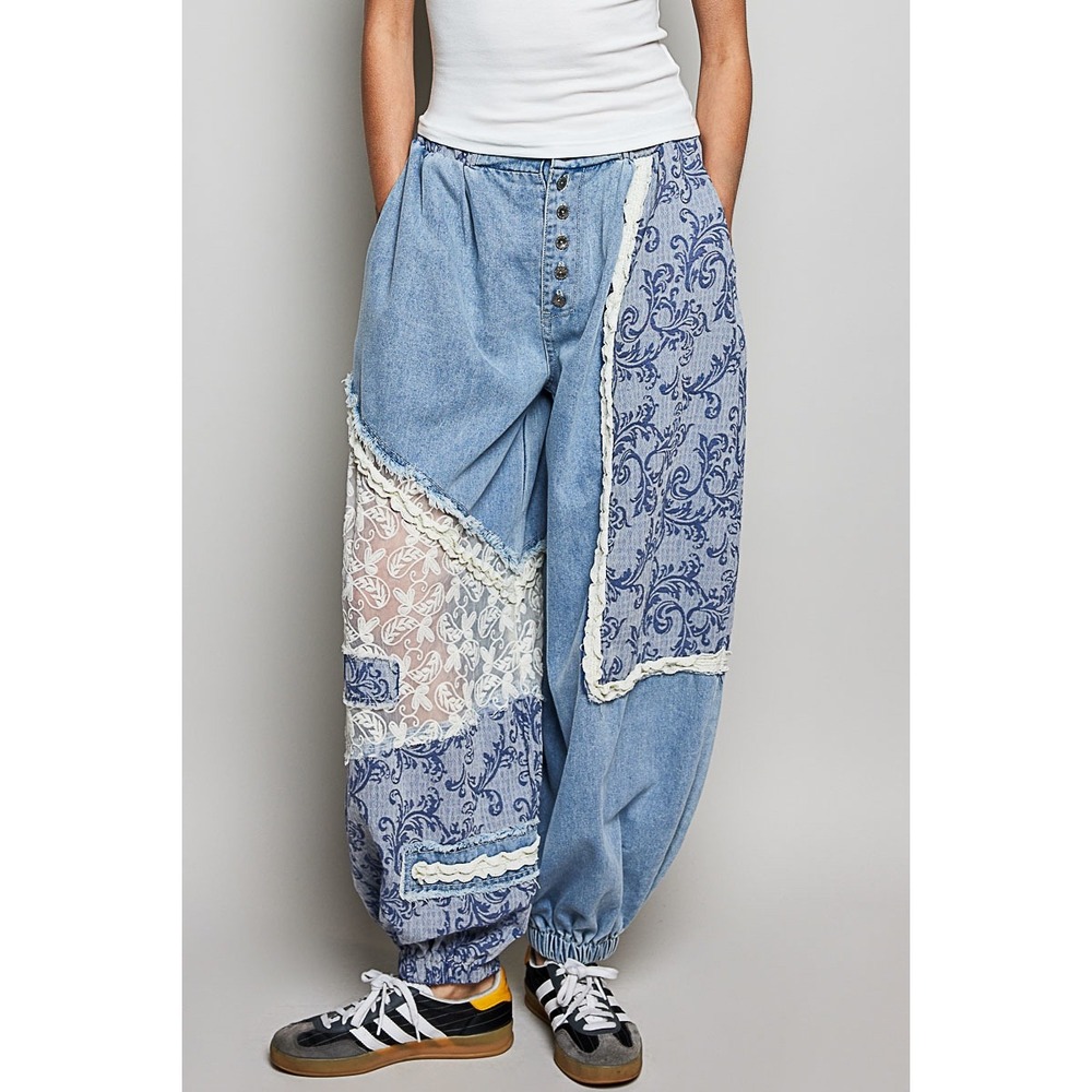 POL‎ Boho Patchwork Lace Denim Jogger Pants BFloral Crochet Ruffle High Rise M